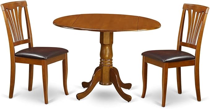 East West Furniture DLAV3-SBR-LC 3 Piece Dining Set Contains a Round Dining Table with Dropleaf and 2 Faux Leather Kitchen Room Chairs, 42x42 Inch, Saddle Brown - LeafyLoom