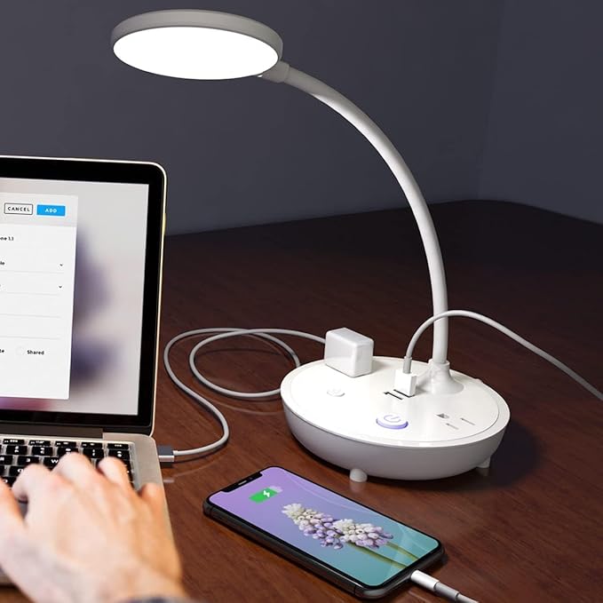 Bodun Small Bedside Lamp for Table Lamp Bedroom Desk Lamp with Dual USB Charging Port and AC Outlet Office Reading Light Adjustable Gooseneck Working White LED Lamp - LeafyLoom