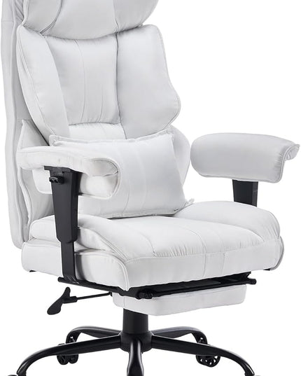 Fabric Office Chair, Big and Tall Office Chair 400 lb Weight Capacity, High Back Executive Office Chair with Foot Rest, Ergonomic Office Chair for Back Pain Relief, White - LeafyLoom