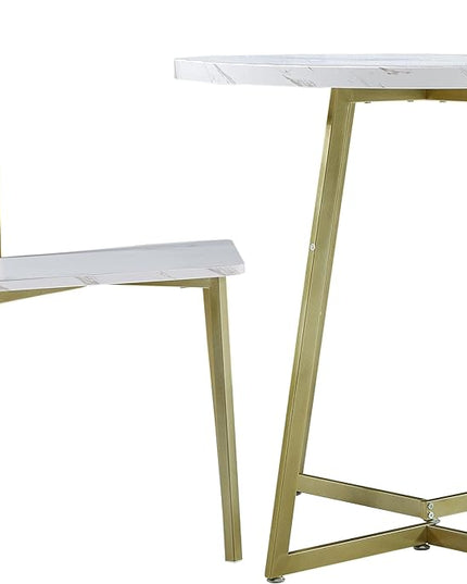 VECELO Small Round Dining Table Set for 2, Wood Marbled Tabletop with Steel Frame, Modern Dinette with Chairs for Kitchen Breakfast Nook Living Room, White and Gold - LeafyLoom