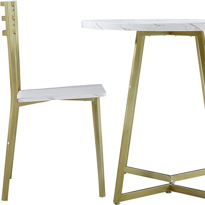 VECELO Small Round Dining Table Set for 2, Wood Marbled Tabletop with Steel Frame, Modern Dinette with Chairs for Kitchen Breakfast Nook Living Room, White and Gold - LeafyLoom