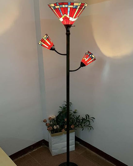 Bieye L10835 Mission Tiffany Style Stained Glass Floor Lamp for Reading Working Decorating, 3-Lights, 70 inches Tall - LeafyLoom