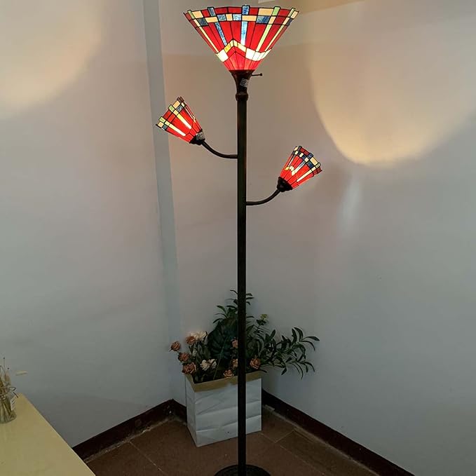 Bieye L10835 Mission Tiffany Style Stained Glass Floor Lamp for Reading Working Decorating, 3-Lights, 70 inches Tall - LeafyLoom