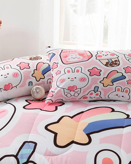 CVHOUSE Kawaii Bedding Queen Size,Kawaii Rabbit Bedding Set for Girls Kids,Cute Rabbit Comforter Set Kawaii Rabbit Duvet Set Rabbit Pattren Quilt Set Girls Room Decor 3 Pieces - LeafyLoom