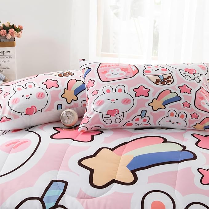 CVHOUSE Kawaii Bedding Queen Size,Kawaii Rabbit Bedding Set for Girls Kids,Cute Rabbit Comforter Set Kawaii Rabbit Duvet Set Rabbit Pattren Quilt Set Girls Room Decor 3 Pieces - LeafyLoom