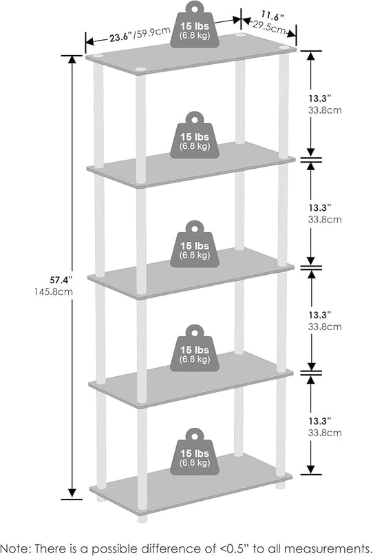 Furinno Turn-N-Tube 5-Tier Multipurpose Compact Display Rack, Shelving Unit, Bookcase, Sonoma Oak/White - LeafyLoom