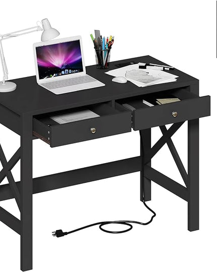 ChooChoo Computer Desk with USB Charging Ports and Power Outlets, 39" Black Desk with Drawers, Small Study Writing Table with Stable X Frame for Home Office - LeafyLoom