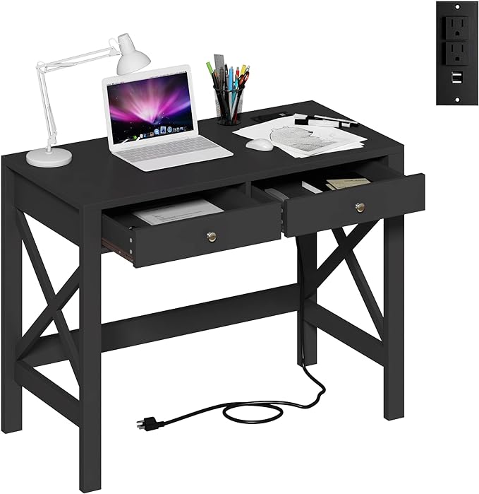 ChooChoo Computer Desk with USB Charging Ports and Power Outlets, 39" Black Desk with Drawers, Small Study Writing Table with Stable X Frame for Home Office - LeafyLoom