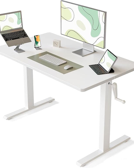 FEZIBO Crank Height Adjustable Desk, 40 Inches Manual Standing Desk, Writing Table with Handle, Home Office Desk with White Frame/White Table Top - LeafyLoom
