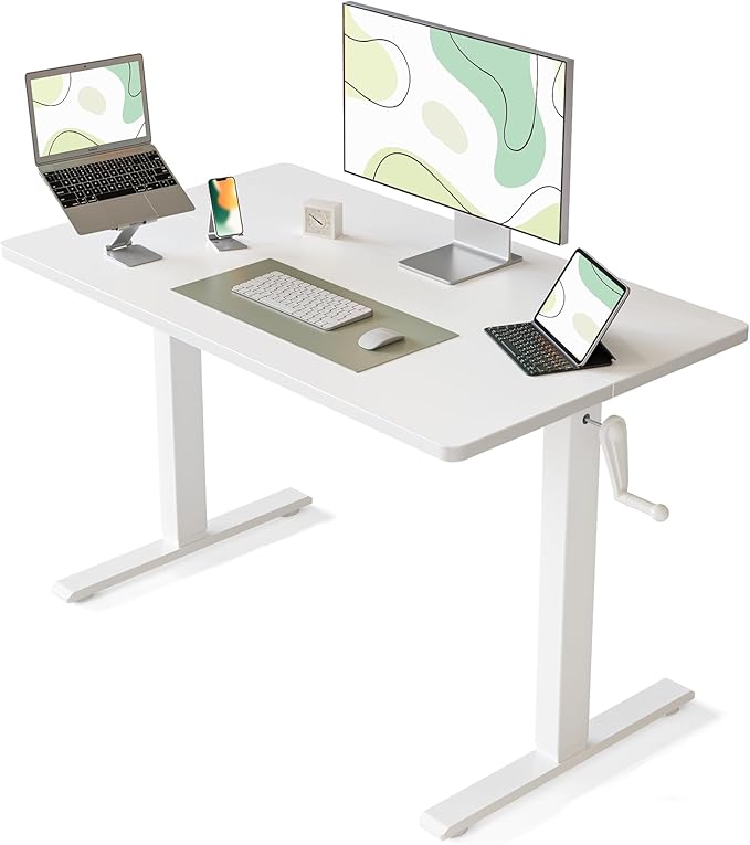 FEZIBO Crank Height Adjustable Desk, 40 Inches Manual Standing Desk, Writing Table with Handle, Home Office Desk with White Frame/White Table Top - LeafyLoom