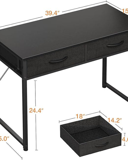 ODK 40 Inch Small Desk with Fabric Drawers- for Bedroom, Black Study Desk with Storage, Home Office Computer Desk for Small Spaces, Modern Work Writing Kids Table, Black - LeafyLoom