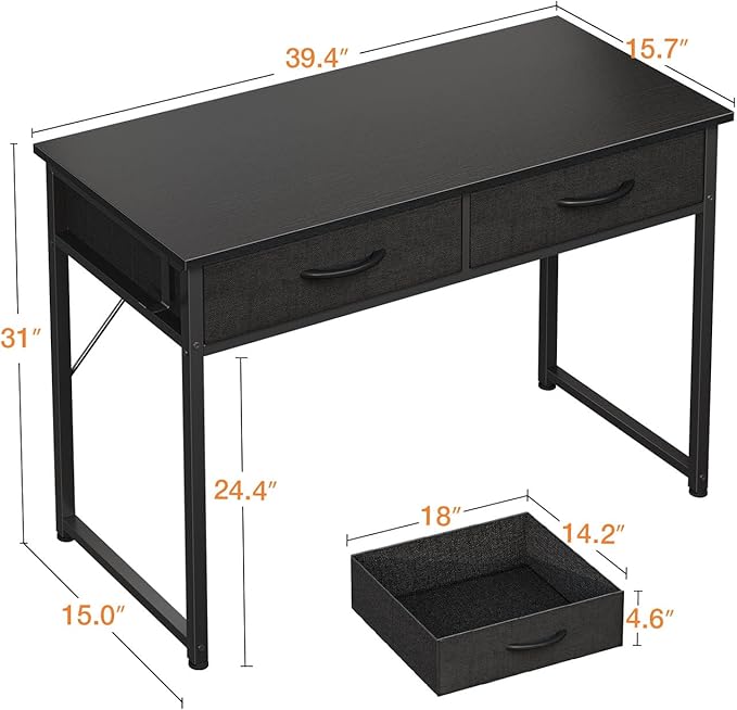 ODK 40 Inch Small Desk with Fabric Drawers- for Bedroom, Black Study Desk with Storage, Home Office Computer Desk for Small Spaces, Modern Work Writing Kids Table, Black - LeafyLoom