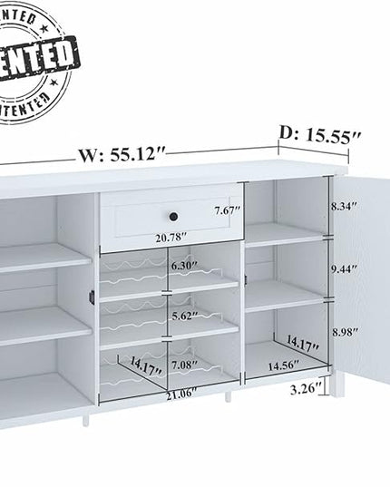 FATORRI Buffet Cabinet with Storage, Wood Sideboard Buffet Cabinet with Wine Rack, Modern Credenza Coffee Bar Cabinet for Kitchen Living Room (55.12 Inch, White Oak) - LeafyLoom