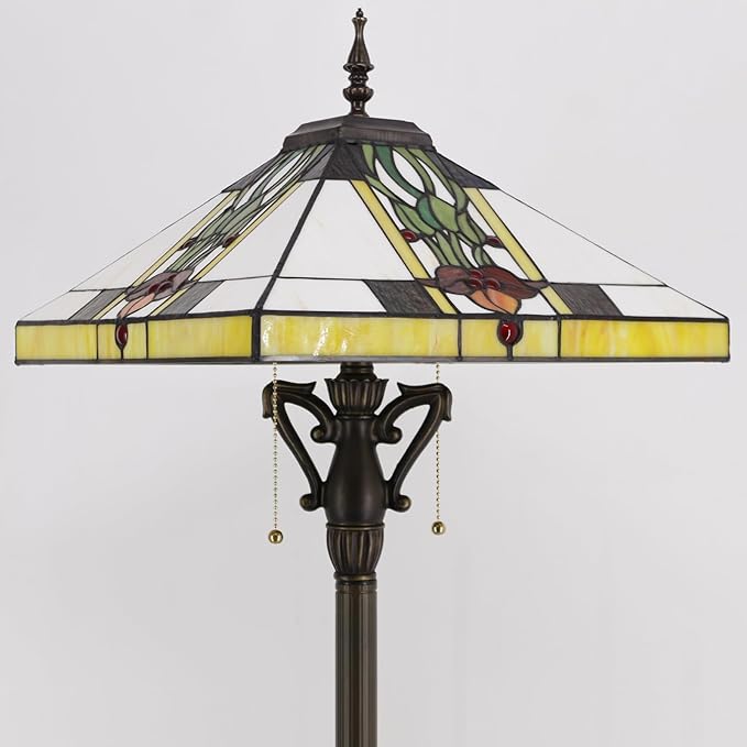 Tiffany Floor Lamp Mission Style Stained Glass Standing Reading Light 16X16X64 Inch Tulip Flower - LeafyLoom
