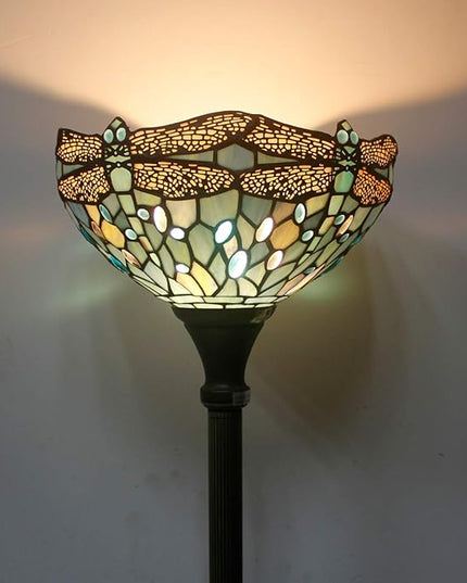 WERFACTORY Tiffany Floor Lamp Sea Blue Stained Glass Dragonfly Light 12X12X66 Inches Pole Torchiere Standing Corner Torch Uplight Decor Bedroom Living Room Home Office S147 Series - LeafyLoom