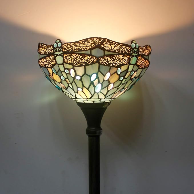 WERFACTORY Tiffany Floor Lamp Sea Blue Stained Glass Dragonfly Light 12X12X66 Inches Pole Torchiere Standing Corner Torch Uplight Decor Bedroom Living Room Home Office S147 Series - LeafyLoom