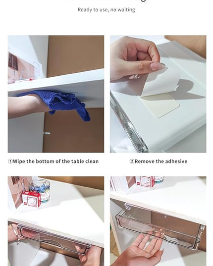 Under Desk Storage Drawer Kit, Clear Under Desk Drawer Mounted Below Table Medium and Small Size 2 Pcs Combo for Home Bedroom Office Kitchen Organization - LeafyLoom