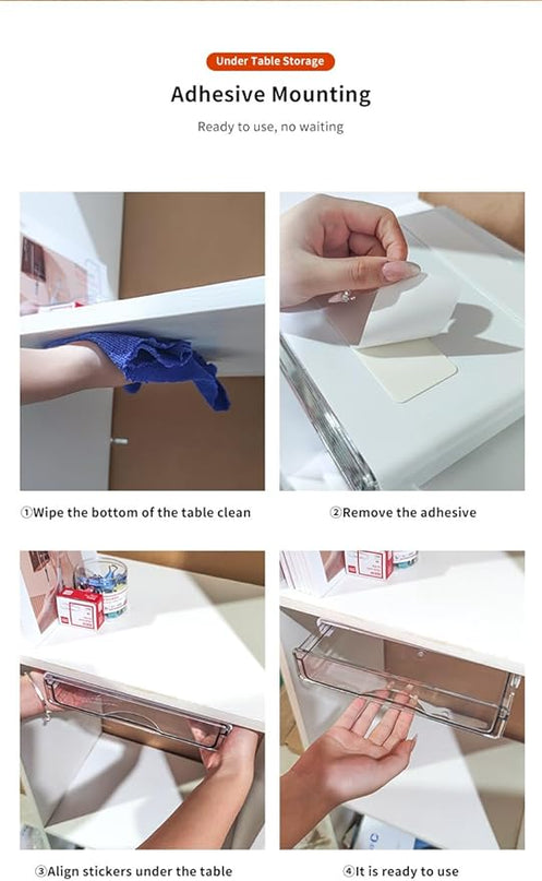 Under Desk Storage Drawer Kit, Clear Under Desk Drawer Mounted Below Table Medium and Small Size 2 Pcs Combo for Home Bedroom Office Kitchen Organization - LeafyLoom