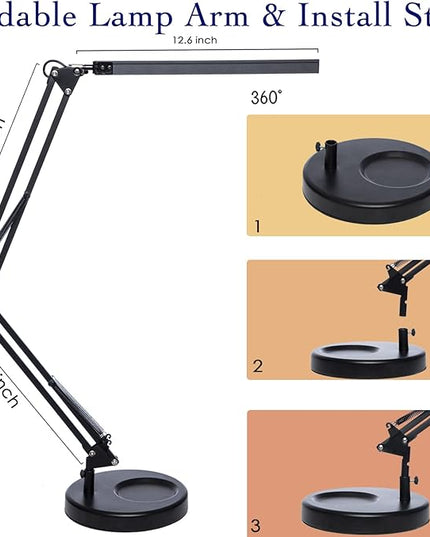 LED Desk Lamp with Clamp and Round Base, Swing Arm Eye Caring Table Lamp, 3 Color Modes 10 Brightness Levels, Memory Function Lamp with USB Adapter, Desk Light for Home Office 14W Black - LeafyLoom