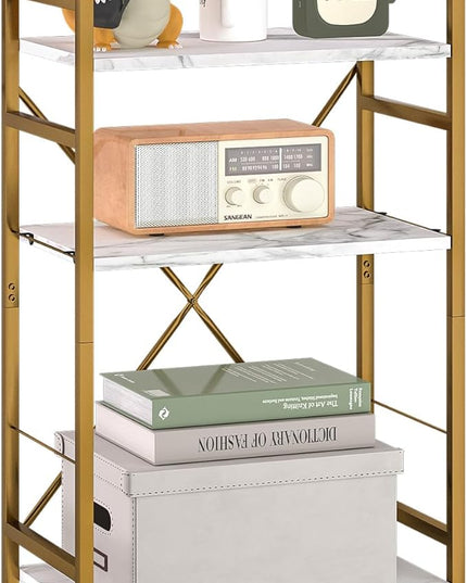 Bookshelf Organizer,3 Tiers Adjustable White Faux Marble Small Bookcase for Small Space,Industrial Wooden Storage Bookcase Display Rack and Storage Organizer for Living Room Home Office(Glod - LeafyLoom