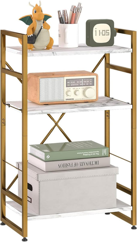 Bookshelf Organizer,3 Tiers Adjustable White Faux Marble Small Bookcase for Small Space,Industrial Wooden Storage Bookcase Display Rack and Storage Organizer for Living Room Home Office(Glod - LeafyLoom