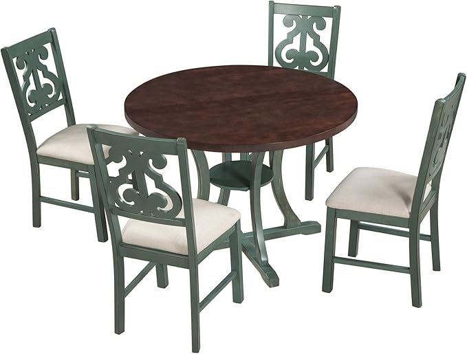 NicBex Dining Room Table Set for 4 Dining Table with Chairs 5-Piece Round Dining Table and 4 Fabric Chairs with Special-Shaped Table Legs and Storage Shelf, Antique Blue - LeafyLoom
