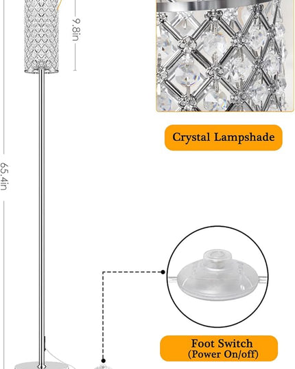 Crystal Floor Lamps - Modern Silver Standing Lamp with 3 CCT LED Bulbs for Elegant Home Decor Living Room and Bedroom Lighting - LeafyLoom