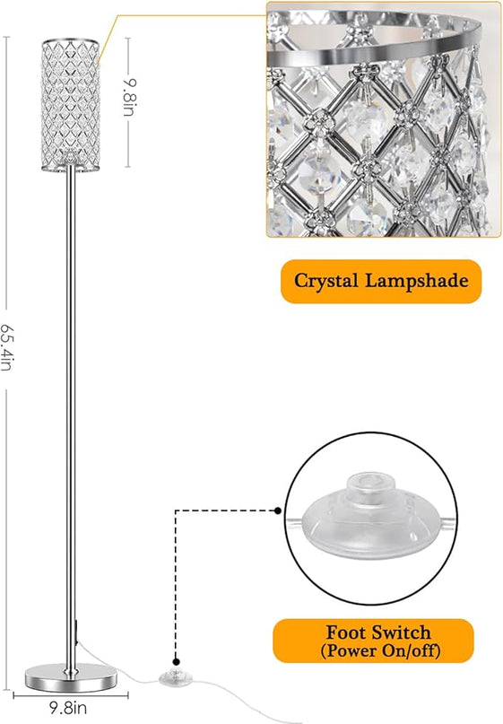Crystal Floor Lamps - Modern Silver Standing Lamp with 3 CCT LED Bulbs for Elegant Home Decor Living Room and Bedroom Lighting - LeafyLoom