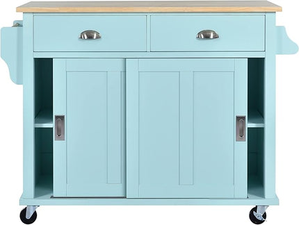 Mobile Kitchen Island with Solid Wood Tabletop, Storage Cabinet and 2 Drawers, Kitchencart w/Locking Wheels Drop Leaf, for Dining Room, Coffee Bar Service - LeafyLoom
