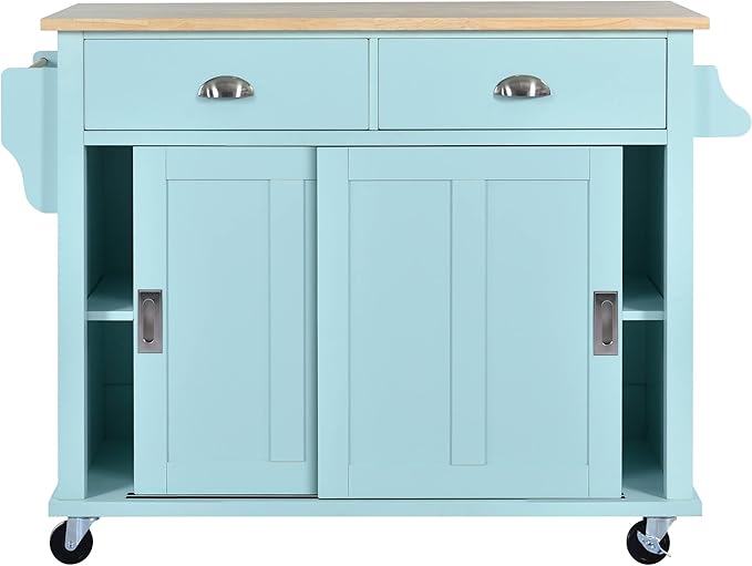 Mobile Kitchen Island with Solid Wood Tabletop, Storage Cabinet and 2 Drawers, Kitchencart w/Locking Wheels Drop Leaf, for Dining Room, Coffee Bar Service - LeafyLoom
