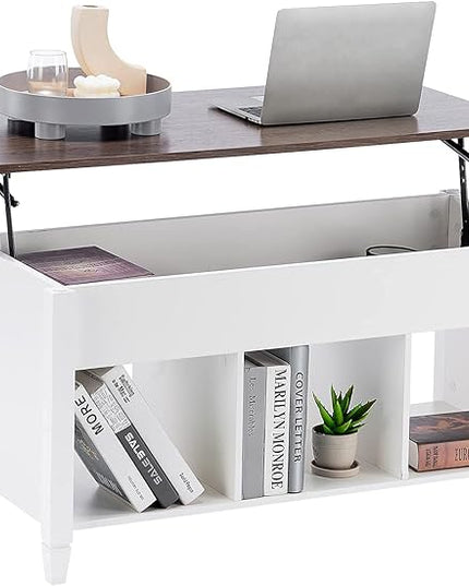 VINGLI Lift Top Coffee Table, White Coffee Table with Lift Top, Lift Up Coffee Table with Storage Shelf/Hidden Compartment, Gas Lift Coffee Table Mesa De Centro Para Sala Pop Up Coffee Table - LeafyLoom