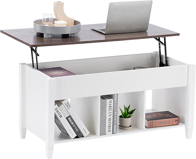 VINGLI Lift Top Coffee Table, White Coffee Table with Lift Top, Lift Up Coffee Table with Storage Shelf/Hidden Compartment, Gas Lift Coffee Table Mesa De Centro Para Sala Pop Up Coffee Table - LeafyLoom