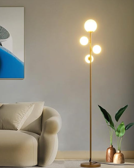4 Globe Gold Floor Lamp, Mid Century Modern Standing Lamp with Frosted Ball Glass Shade & Warm White LED Bulbs, Contemporary Tall Tree Lamp for Living Room, Bedroom, Office - Antique Brass - LeafyLoom
