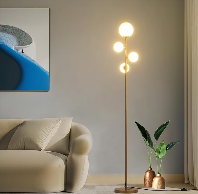4 Globe Gold Floor Lamp, Mid Century Modern Standing Lamp with Frosted Ball Glass Shade & Warm White LED Bulbs, Contemporary Tall Tree Lamp for Living Room, Bedroom, Office - Antique Brass - LeafyLoom