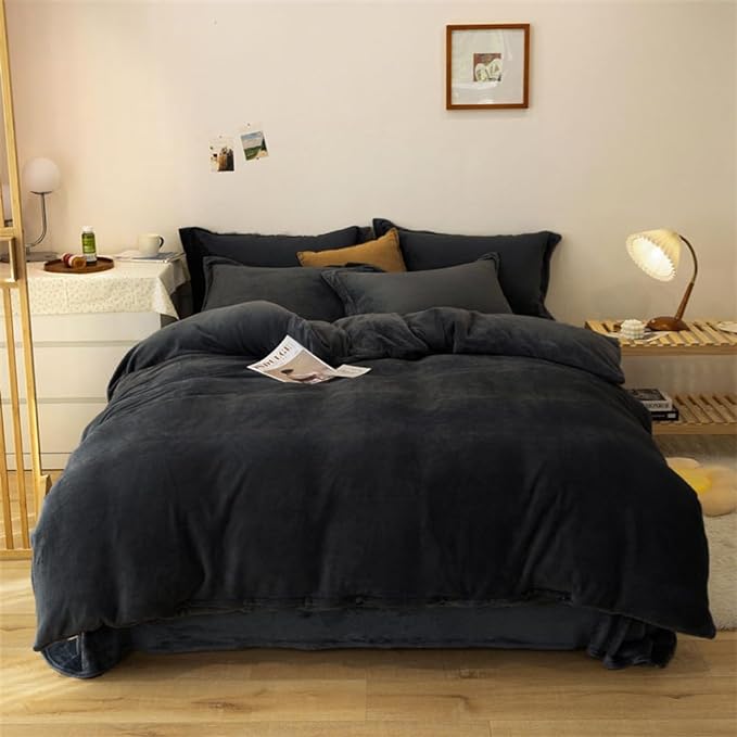 Wellboo Black Velvet Comforter Sets California King Solid Black Fluffy Bedding Comforters Cal King Solid Color Flannel Quilt Women Men Plain Black Comforters Micromink Sherpa Fuzzy Warm Bed Plush - LeafyLoom