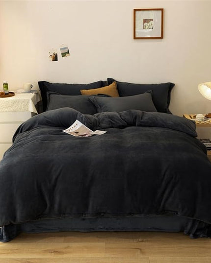 Wellboo Black Velvet Comforter Sets King Solid Black Fluffy Bedding Comforters Solid Color Flannel Quilt Women Men Plain Black Comforters Micromink Sherpa Fuzzy Warm Bed Adults Dorm Plush Bedding - LeafyLoom