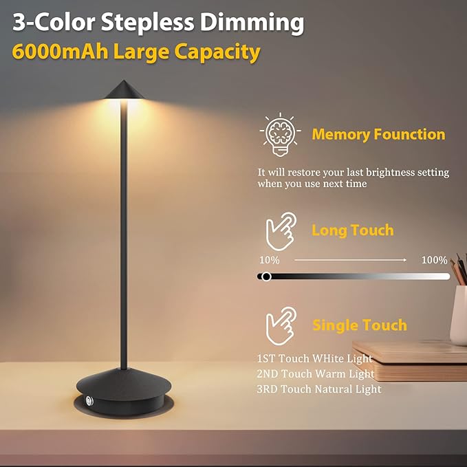 2-Pack 6000mAh Rechargeable LED Table Lamps,Outdoor Cordless Table Lamp Waterproof Portable, 3-Color Stepless Dimmable Modern Lamp for Restaurant/Bedroom(Black) - LeafyLoom