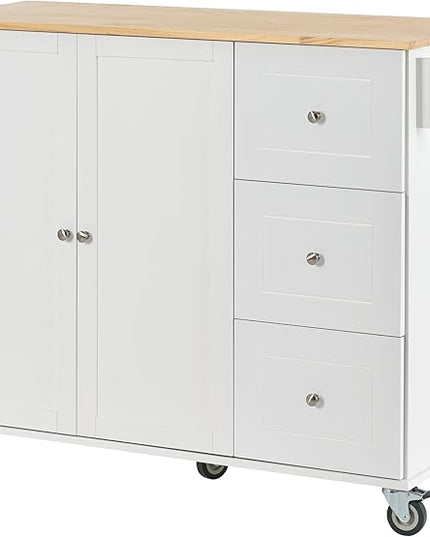 53" W Kitchen Cart on Wheels with Wood Top Desktop and Drop Leaf Breakfast Bar, Rolling Moveable Kitchen-Island Table with Storage, Towel Rack, for Dinning Room - LeafyLoom