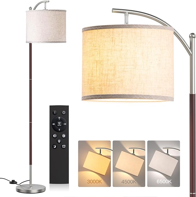 addlon Floor Lamp for Living Room with Remote, Dimmable Standing lamp with Linen lampshade for Bedroom, Office, Lamps with 9W LED Bulb Included - Brown & Nickel with Beige Shade - LeafyLoom
