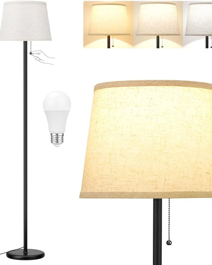 Floor Lamps for Living Room - 3 Color Temp(3000/4000/5000K) Standing Lamp with Pull Chain Switch, Black Floor Lamp with Lampshade, Modern Tall Light for Bedroom Office(9W Bulb Included) - LeafyLoom