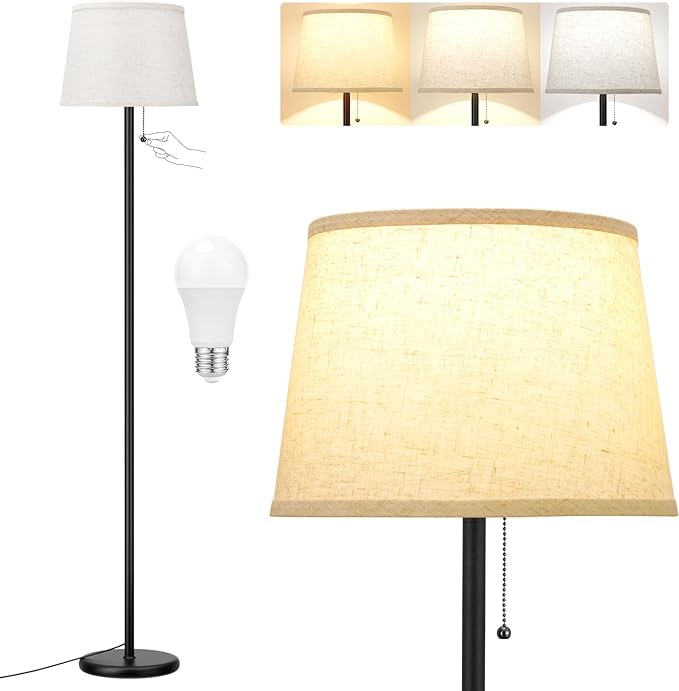 Floor Lamps for Living Room - 3 Color Temp(3000/4000/5000K) Standing Lamp with Pull Chain Switch, Black Floor Lamp with Lampshade, Modern Tall Light for Bedroom Office(9W Bulb Included) - LeafyLoom