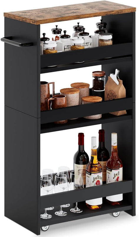 MARTY Rolling Storage Cart 7.9" W, 4-Tier Black Kitchen Cart on Wheels, Slim Storage Cart with Handle for Laundry Narrow Places Bathroom Small Corner - LeafyLoom