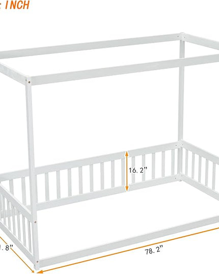 Twin Size Canopy Bed Frame with Guardrails for Kids,Floor Bed Twin with Four Poster Design,Kids Montessori Floor Bed,Wood Canopy Bed Frame for Girls,Boys(Twin,White) - LeafyLoom