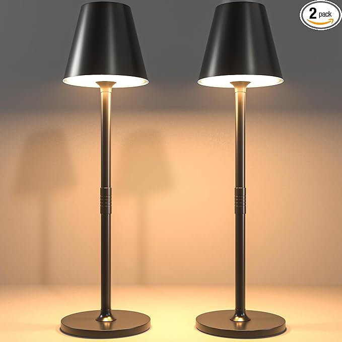 2 Pack LED CordlessTable Lamp,4000mAh Rechargeable Battery Desk lamp,3 Level Brightness Night Light,Minimalist Design, for Couple Dinner/Coffee Table/Restaurant/Bedroom(Black 2pack) - LeafyLoom