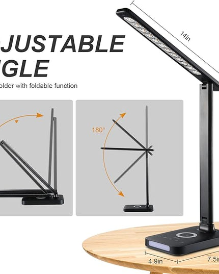 VAVOFO LED Desk Lamp with Fast Charger, USB Charging Port, Desk Light for Home Office with 5 Brightness Levels, Touch Control, 30/60 min Auto Timer, Eye-Caring Dimmable Table Lamp with Adapter - LeafyLoom