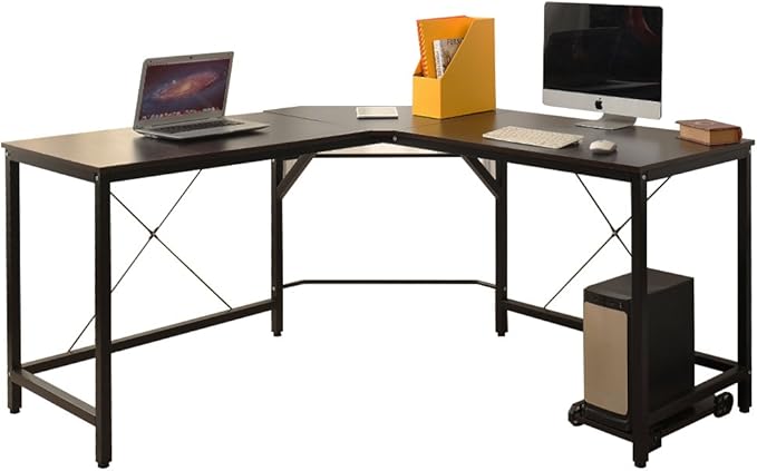 DlandHome L-Shaped Computer Desk 59 inches x 59 inches, Composite Wood and Metal, Home Office PC Laptop Study Workstation Corner Table with CPU Stand, Brown Black and Black Legs, ZJ02-BB - LeafyLoom