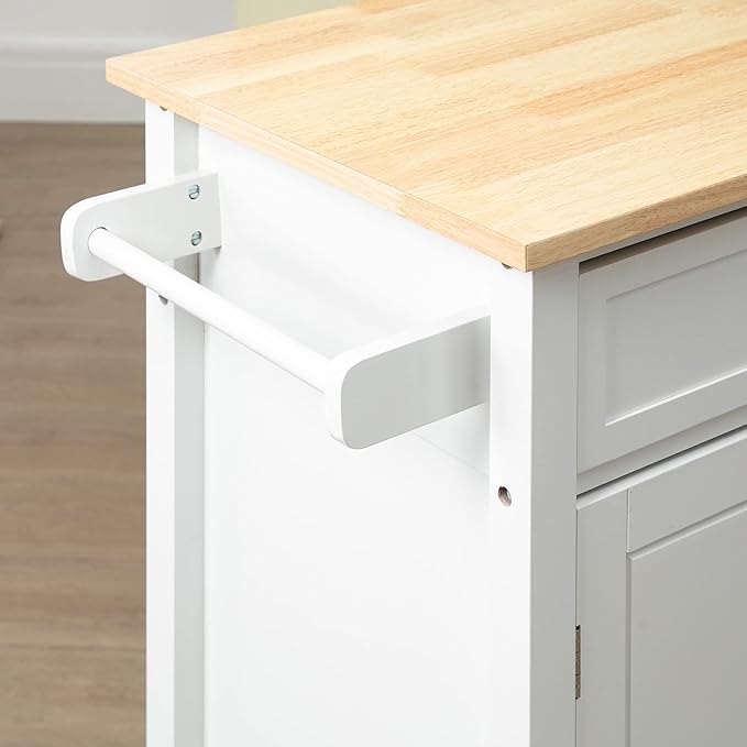 HOMCOM Kitchen Island Cart, Rolling Kitchen Island with Storage Shelf, Solid Wood Top, Drawer, for Dining Room, White - LeafyLoom