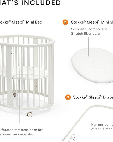 Stokke Sleepi Mini Bundle, White - includes Crib/Bed, Mattress & Drape Rod - Suitable for Ages 0-5 Years Old - Adjustable & Stylish - LeafyLoom