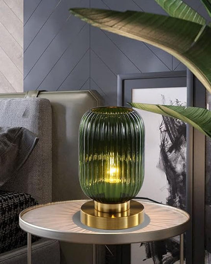 Glass Table Lamps Mid Century Modern Globe Table lamp Gold Desk lamp nightstand lamp with Green Pumpkin Design Ribbed Glass Bedside Table Lamp for Bedroom Living Room Office - LeafyLoom