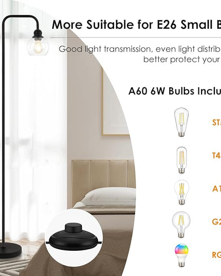 Modern Floor Lamps for Living Room with 6W LED Bulb, Industrial Floor Lamp, Clear Glass, Black Classic Reading Tall Lamp for Home Office, Standing Lamps for Bedroom, Study, Minimalist, Vintage - LeafyLoom